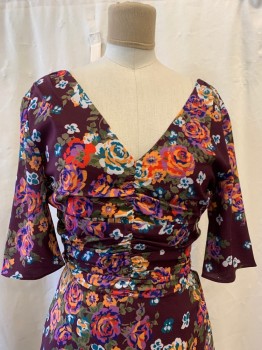 WAYF, Wine Red, Green, Teal Blue, Orange, White, Polyester, Spandex, Floral, V-neck, Rushed Bodice, 3/4 Sleeve, Waterfall Ruffle on Skirt, Knee Length, V-back, Zip Back
