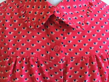 Childrens, Blouse, LA MINIATURA, Red, Navy Blue, Tan Brown, Polyester, Animal Print, 10, Small Elephant Print, Self 1/2" Ruffle on Collar Attached and Long Sleeves Cuffs, Gathered Yoke Front, Button Front,