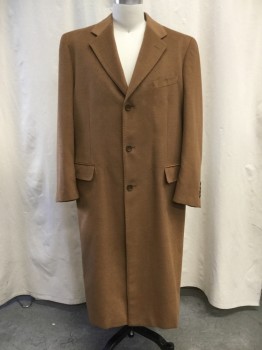 ALBERTO BELTRAMI, Camel Brown, Wool, Solid, Notched Lapel, Single-Breasted 3 Button Closure, 1 Chest Welt Pocket, 2 Flap Besom Pockets, Back Vent, Below the Knee Length