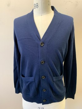 J.CREW, Navy Blue, Wool, Solid, Knit, Long Sleeves, V-neck, 5 Buttons, 2 Patch Pockets
