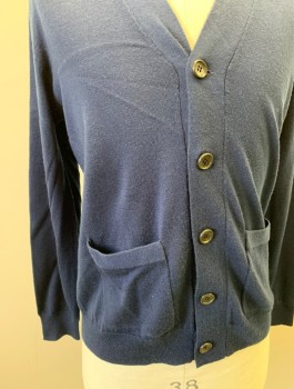 J.CREW, Navy Blue, Wool, Solid, Knit, Long Sleeves, V-neck, 5 Buttons, 2 Patch Pockets