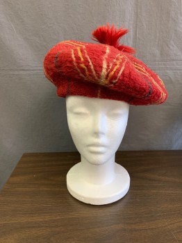 Womens, Hat 1890s-1910s, NL, Cranberry Red, Cream, Yellow, Gray, Mohair, Abstract , Stripes, M, Hand Knit Faded cranberry Red , Tam Style Hat , with Straight Hair Pom on Top , Repeated Three Line Overstitched  Wave Pattern  in Two Colors ,creme and Yellow ,with 5  Vertical Even Spaced Creme Lines and 5 Even Spaced Gray Lines Creating Sectional Illusion, Design Creates a 5 Point Star When Viewed From the Top .