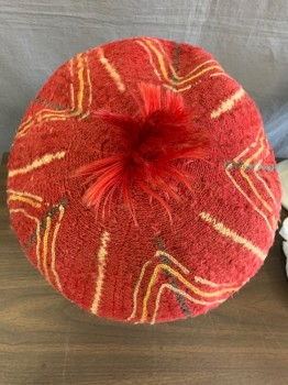 Womens, Hat 1890s-1910s, NL, Cranberry Red, Cream, Yellow, Gray, Mohair, Abstract , Stripes, M, Hand Knit Faded cranberry Red , Tam Style Hat , with Straight Hair Pom on Top , Repeated Three Line Overstitched  Wave Pattern  in Two Colors ,creme and Yellow ,with 5  Vertical Even Spaced Creme Lines and 5 Even Spaced Gray Lines Creating Sectional Illusion, Design Creates a 5 Point Star When Viewed From the Top .