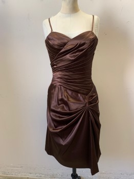 Womens, Cocktail Dress, ANNY LEE, Brown, Polyester, Solid, W24, S B32, H36, Spaghetti Strap, Sweetheart, Crisscross Horizontal Pleated Bodice,asymmetrical Pleat Side Skirt