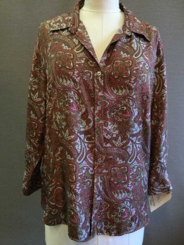 Charter Club, Rust Orange, Green, Olive Green, White, Black, Silk, Paisley/Swirls, Button Front, V-neck, Collar Attached, Long Sleeves,