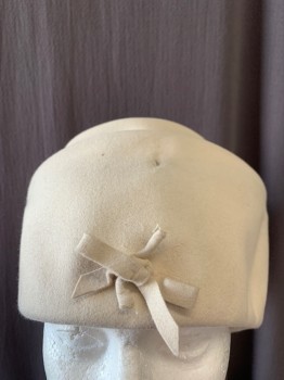 NL, Beige, Wool, Pill Box Hat, Bow on Front, Crown Sunken In *Tiny Hole on Above Bow