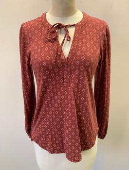 LUCKY BRAND, Brown, Coral Orange, Cream, Cotton, Diamonds, Jersey, Long Sleeves, Round Neck with V Notch, Self Ties, Pullover, Elastic Cuffs