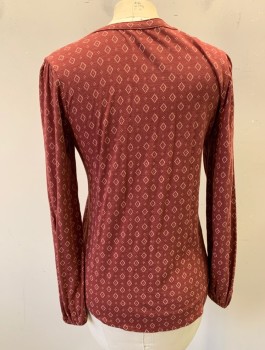 LUCKY BRAND, Brown, Coral Orange, Cream, Cotton, Diamonds, Jersey, Long Sleeves, Round Neck with V Notch, Self Ties, Pullover, Elastic Cuffs