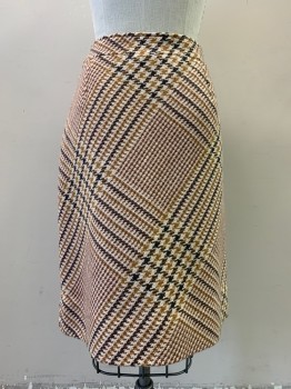 TORY BURCH, Beige, Lt Brown, Dk Gray, Ochre Brown-Yellow, Polyester, Rayon, Houndstooth, Plaid, Pencil Skirt, Zip Side