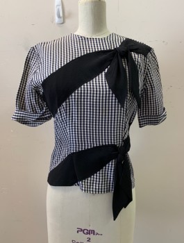 Womens, Blouse, MTO, Navy Blue, White, Acetate, Gingham, B32, Round Neck, Cuffed S/S, 2 Black Bows on Front, 8 Large Black Buttons Down Back *Slight Fading and Sun Damage*