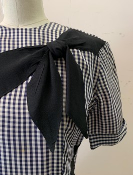 Womens, Blouse, MTO, Navy Blue, White, Acetate, Gingham, B32, Round Neck, Cuffed S/S, 2 Black Bows on Front, 8 Large Black Buttons Down Back *Slight Fading and Sun Damage*