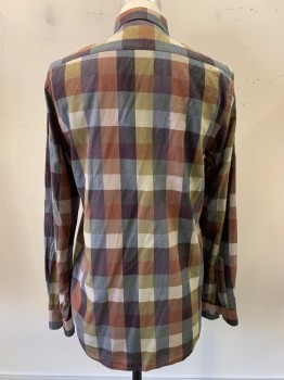 Le 31, Brick Red, Navy Blue, Moss Green, Tan Brown, Wine Red, Cotton, Check , L/S, Button Front, Collar Attached