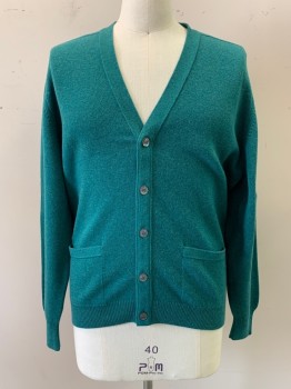 Mens, Cardigan Sweater, CARROLL & CO, Teal Green, Cashmere, L, V-neck, Single Breasted, Button Front, 6 Buttons, 2 Pockets