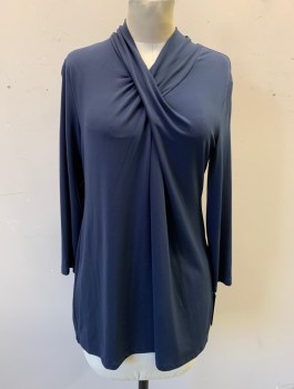 ALFANI, Navy Blue, Polyester, Spandex, Solid, Stretchy, Pullover, 3/4 Sleeves, Wrapped/Gathered V-neck, Zipper at Center Back Neck