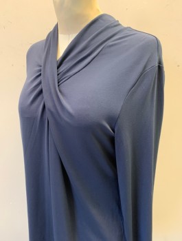 ALFANI, Navy Blue, Polyester, Spandex, Solid, Stretchy, Pullover, 3/4 Sleeves, Wrapped/Gathered V-neck, Zipper at Center Back Neck