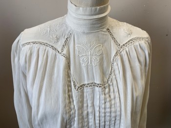 Womens, Blouse 1890s-1910s, MTO, Off White, Cotton, Solid, B36, Long Sleeves, Front and Cuff Pleat Detail, Butterflies Embroidery, High Neck, Pearl Buttons Center Back, Mended See Detail Photo,
