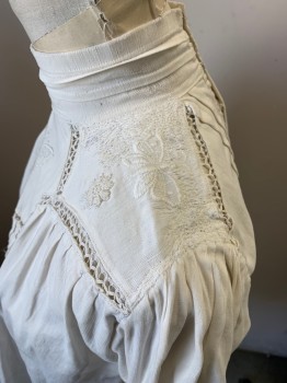 Womens, Blouse 1890s-1910s, MTO, Off White, Cotton, Solid, B36, Long Sleeves, Front and Cuff Pleat Detail, Butterflies Embroidery, High Neck, Pearl Buttons Center Back, Mended See Detail Photo,