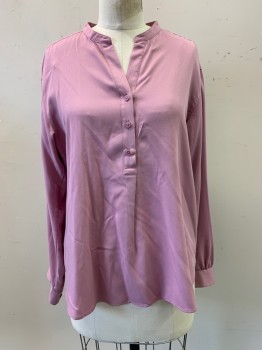 UNIQLO, Pink, Rayon, Polyester, Solid, L/S, V  Neck,3 Button Front,