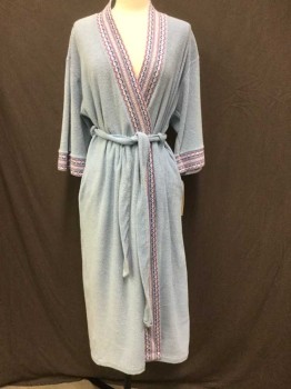 Womens, SPA Robe, JC PENNY, Lt Blue, Magenta Purple, Navy Blue, White, Lt Pink, Polyester, Solid, Stripes, M, 1970S/80S Look, Bathrobe, Terry Cloth, 1/2 Sleeve, Matching Belt, Zigzag Embroidered Decorative Trim, 2 Pockets,