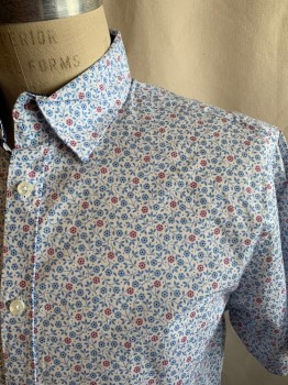 SOCIETY OF THREADS, White, Lt Blue, Mauve Pink, Cotton, Spandex, Floral, Button Front, Collar Attached, Collar Attached, Short Sleeves