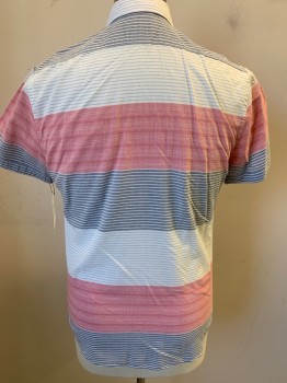 EXPRESS, White, Red, Dk Gray, Lt Gray, Cotton, Stripes - Horizontal , Short Sleeves, Button Front, Collar Attached,