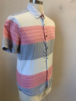 EXPRESS, White, Red, Dk Gray, Lt Gray, Cotton, Stripes - Horizontal , Short Sleeves, Button Front, Collar Attached,