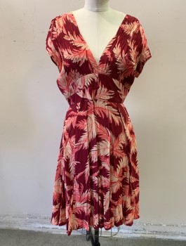 TRASHY DIVA, Red Burgundy, Salmon Pink, Beige, Rayon, Leaves/Vines , Retro, Cap Sleeves, Plunging V-Neck, Gathered and Smocked Bust/Shoulders, A-Line Skirt, Knee Length, Invisible Zipper in Back