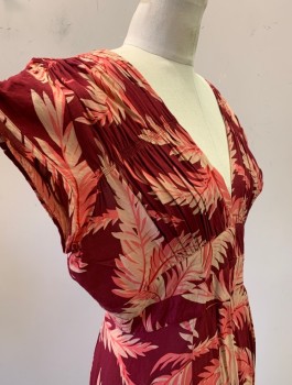 TRASHY DIVA, Red Burgundy, Salmon Pink, Beige, Rayon, Leaves/Vines , Retro, Cap Sleeves, Plunging V-Neck, Gathered and Smocked Bust/Shoulders, A-Line Skirt, Knee Length, Invisible Zipper in Back