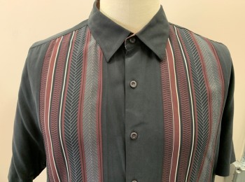 NAT NAST, Black, Ivory White, Maroon Red, Silk, Geometric, Stripes - Vertical , Button Front, S/S, C.A., Twill