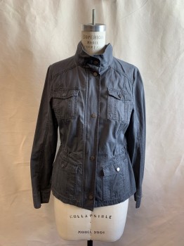Womens, Casual Jacket, MERONA, Gray, Cotton, Solid, M, Collar Attached, Zip Front, 4 Pockets, Drawstring Waist, Snap Placket Down Front