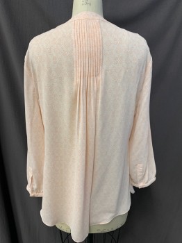 NYDJ, Peachy Pink, White, Poly/Cotton, Polka Dots, V-neck, Button Front, Long Sleeves, Pleated Back