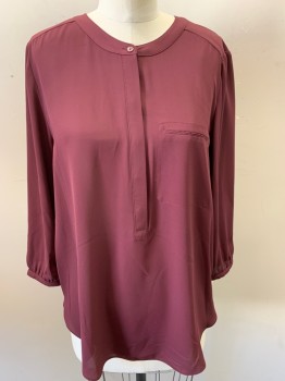 NYDJ, Red Burgundy, Polyester, Solid, Long Sleeves, Pullover, Button Front Placket, Collar Band, Pleated Center Back,