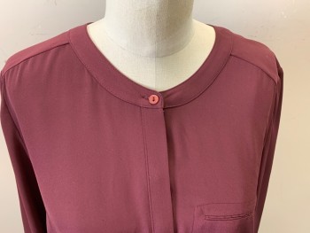 NYDJ, Red Burgundy, Polyester, Solid, Long Sleeves, Pullover, Button Front Placket, Collar Band, Pleated Center Back,
