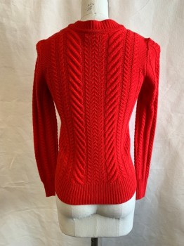 J. CREW, Red-Orange, Wool, Solid, Knitted, L/S, CN, 6 Red Buttons At Shoulders