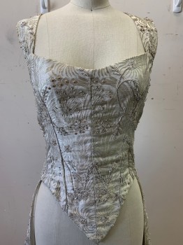 Womens, Historical Fiction Dress, NO LABEL, Silver, Polyester, Silk, Floral, W24, B30, Sleeveless, Heavily Embroiderred and Beaded, V Cut Front, Open Bottom, Coverred Corset Back