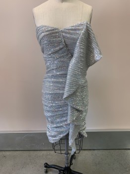 LAVIH ALICE, Silver, Polyester, All Over Sequins, Strapless, Ruched, Waterfall Drape, Zip Back, Hem Below Knee