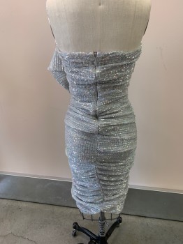 LAVIH ALICE, Silver, Polyester, All Over Sequins, Strapless, Ruched, Waterfall Drape, Zip Back, Hem Below Knee