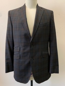 TED BAKER, Charcoal Gray, Black, Dk Brown, Wool, Plaid, 2 Buttons, Single Breasted, Notched Lapel, 3 Pockets,