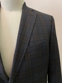 TED BAKER, Charcoal Gray, Black, Dk Brown, Wool, Plaid, 2 Buttons, Single Breasted, Notched Lapel, 3 Pockets,
