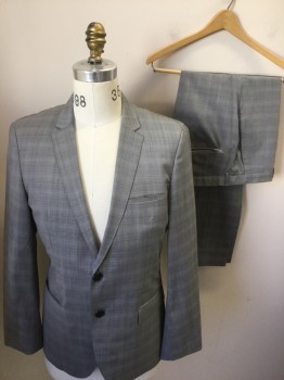 HUGO BOSS, Gray, Lt Gray, Wool, Grid , Single Breasted, 2 Buttons,  Notched Lapel,