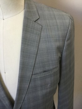 HUGO BOSS, Gray, Lt Gray, Wool, Grid , Single Breasted, 2 Buttons,  Notched Lapel,