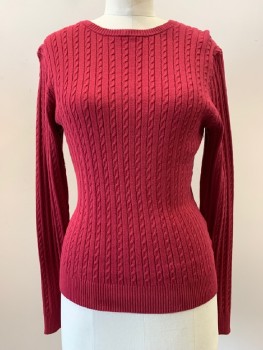 BROOKS BROTHERS, Red, Cotton, Cable Knit, L/S, Crew Neck
