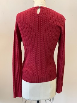 BROOKS BROTHERS, Red, Cotton, Cable Knit, L/S, Crew Neck