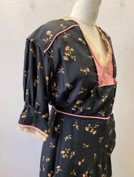 Womens, Dress 1890s-1910s, N/L, Black, Pink, Sage Green, Cream, Silk, Cotton, Floral, W:30, B:36, Chintz, 3/4 Sleeves, Ecru Dotted Lace Trim at Neckline and Cuffs, V-Neck, Peplum Waist, Light Pink Satin Piping Throughout, Condition is Good