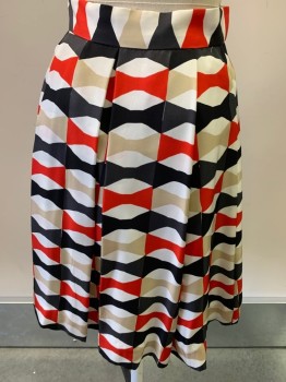 KATE SPADE, Ivory White, Red, Black, Silk, Polyester, Bow Tie Pattern, Side Zipper, Box Pleats