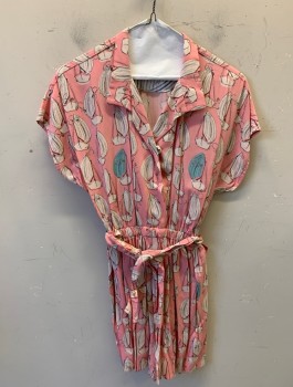 Womens, Romper, MAEVE, Pink, White, Baby Blue, Rayon, Novelty Pattern, S0, S/S, Half Button Front, Attached Self Belt, Back Waistband Smocking, Sailboat & Anchor Print