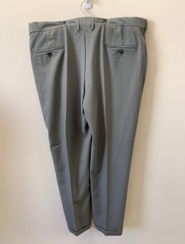 HAGGAR, Gray, Polyester, Solid, Zip Front, Hook N Eye Closure, 4 Pckts, Pleated Front, Cuffed, Creased