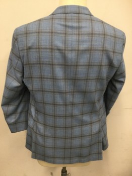 SAVILE ROW, Lt Blue, Blue, Lt Brown, Wool, Grid , Single Breasted, Collar Attached, Notched Lapel, 2 Buttons,  3 Pockets