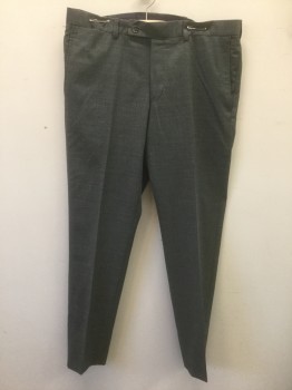 TED BAKER, Gray, Wool, Check , Gray Self Check Pattern, Flat Front, Button Tab Waist, Zip Fly, Straight Leg, 5 Pockets Including 1 Watch Pocket
