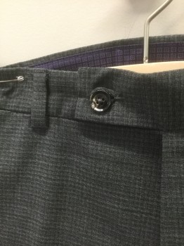 TED BAKER, Gray, Wool, Check , Gray Self Check Pattern, Flat Front, Button Tab Waist, Zip Fly, Straight Leg, 5 Pockets Including 1 Watch Pocket
